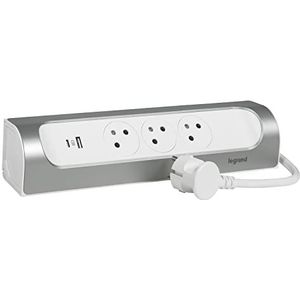 LEGRAND - Stekkerdoos met hoek - 3 Surface stopcontacten met aarde + USB-C stekker + USB-A stopcontact - Horizontale of verticale installatie - 1 m snoer - Wit en aluminium