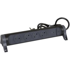 LEGRAND - Draaibare stekkerdoos met led-schakelaar en overspanningsbeveiliging - 4 stopcontacten oppervlak met aarde - kabel 1,5 m - zwart en donkergrijs