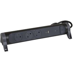 Legrand - Stekkerdoos draaibaar met 3 stopcontacten, oppervlak, overspanningsbeveiliging en USB type-A+ type C - zwart en donkergrijs