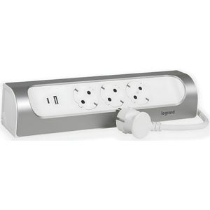 LEGRAND, 45° hoekstekkerdoos 3-voudig USB-A USB-C 3000mA - 5,0V - 15W MAX, wand- en tafelmontage, kabellengte 2 m, ultra wit/aluminium