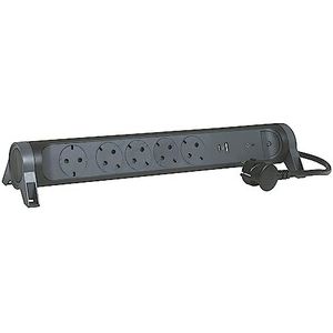 Legrand, Roterende stekkerdoos, 5-voudig, stekkerdoos, USB-A en USB-C-aansluiting, geïntegreerde overspanningsbeveiliging met statusindicator (SPD), 1,5 m kabel, zwart/donkergrijs, 694514