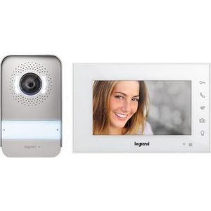 LEGRAND, Wi-Fi video-deurintercomset, 2-draads aansluiting, 7 inch hoogglans-kleurenmonitor & groothoekcamera, smartphone-aansluiting, bediening via app, 1/2-gezinshuis, stekkervoeding, wit, 360910