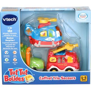 VTech - Tut Tut Bolides, trio EHBO-set, 3 interactieve auto's, brandweerwagen, tractor en helikopter, muziek- en geluidsspeelgoed, cadeau voor kinderen van 1 tot 5 jaar, inhoud in het Frans