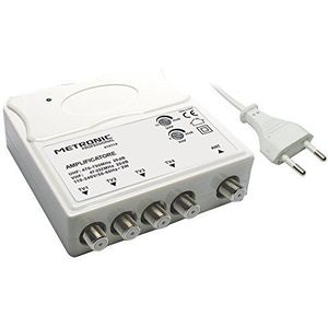 Metronic 414114 TV-versterker VHF/UHF, voor digitaal terrestrisch met filter, VHF-20Db verstelbaar, UHF-28Db verstelbaar, 1 ingang/4 uitgangen, voor binnen, wit