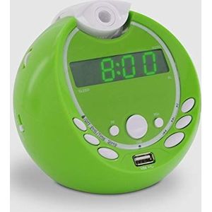 METRONIC 477017 Kinderwekker met dubbel alarm met USB-poort, MP3-projectie, 180° projectie op netvoeding of batterijen, groen