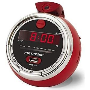 Metronic 477024 Cherry FM Wekkerradio – USB-projectie plafond dubbel alarm ochtend met slaap-/sluimerfuncties en tijd-back-upbatterijen – rood