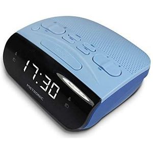 Metronic 477033 wekkerradio met dubbele alarmen, AM/FM-tuner en slaap-/snooze-functies, tijdbesparende batterijen, geheugen 10 AM + 10 FM, grijs/blauw