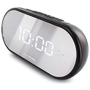 Metronic 477037 FM-wekkerradio, spiegel, dubbel alarm, met slaap-/snooze-functies, instelbare helderheid, progressieve beltoon en tijdbesparende batterijen, zwart