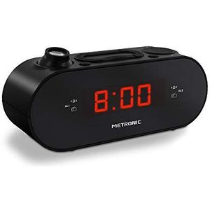 Metronic 477039 FM-radiowekker, projectie, dubbel alarm, met slaap/snooze-functies, instelbare helderheid en tijdback-upbatterijen, zwart