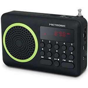 Metronic 477202 draagbare FM-radio, compact, met USB-poort en micro-SD-kaartlezer, zwart en groen