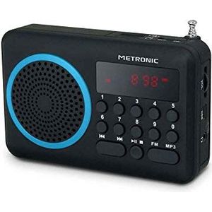 Metronic 477203 Compacte draagbare FM-radio met USB-poort + micro-SD-kaartlezer, zwart en blauw