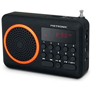 Metronic 477204 Compacte draagbare FM-radio met USB-poort + micro-SD-kaartlezer, zwart en oranje