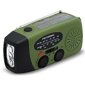 Metronic 477216 FM-radio, op zonne-energie, draagbaar, 2000 mAh, dynamo, met SOS-knop, noodfunctie, led-verlichting, groen en zwart, 477216
