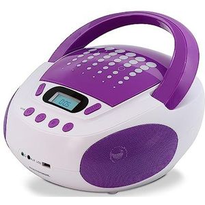 CD-speler voor kinderen, MP3, pop-paars, met USB-poort, stroomvoorziening of batterijen, wit en paars