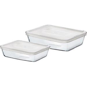 Pyrex - Cook & Freeze Schaal Rechthoek met Deksel Set van 2 Stuks - Borosilicaatglas - Transparant