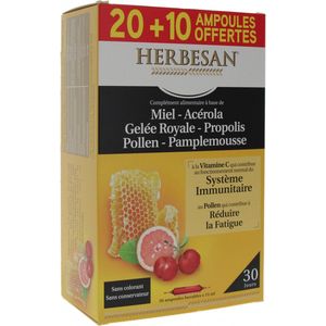 Herbesan Honing Royal Jelly Acerola Pollen Grapefruit Propolis 20 Flesjes + 10 Gratis
