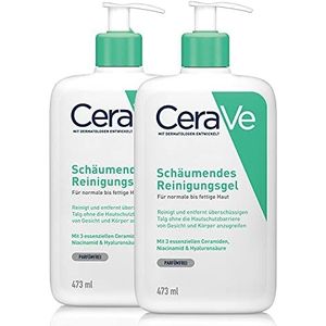 CeraVe schuimgel | 2 x 473 ml + hydraterende melk, 20 ml | Gezichtsreiniger, reinigend met hyaluronzuur en niacinamide voor normale huid, vette huid en acneproblemen