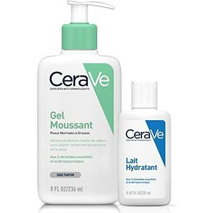 CeraVe schuimgel | 236 ml + hydraterende melk, 20 ml, incl. gezichtsreiniger, reinigend met hyaluronzuur en niacinamide voor normale huid, vette huid en acneproblemen
