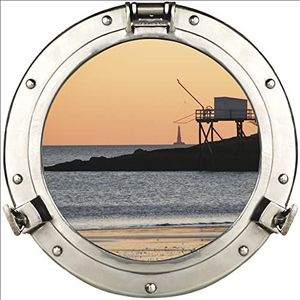 PLAGE Self Sticker Window Trompe L'Oeil Adhesive (Polystick) -Porthole Fishing Night (60x75 cm), vinyl, kleurrijk, 75 x 0,1 x 60 cm