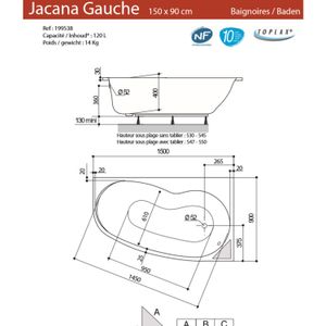 Jacana gain de place rechts asymmetrisch bad 150x90x54,5-54,8 cm