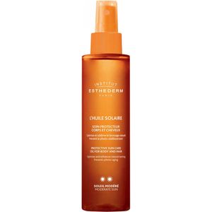 Instituut Esthederm Zonne-olie, beschermende verzorging voor lichaam en haar, activeert en stimuleert de natuurlijke bruining, zonder siliconen, zonder alcohol, matige zon, ronde spray, 150 ml