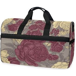 Retro Rode Bloem Bloemen Sport Zwemmen Gym Tas Met Schoenen Compartiment Weekender Duffel Reistassen Handtas Voor Vrouwen Meisjes Mannen, Foto, M