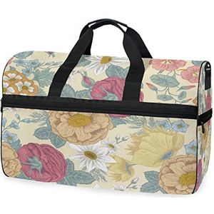 Kleurrijke bloemen retro bloemen sport zwemmen gymtas met schoenen compartiment weekend duffel reistassen handtas voor vrouwen meisjes mannen, Foto, M