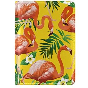 Flamingobladeren gele bloemen paspoorthoes paspoorthoes ID-hoes echt lederen hoes beschermhoes voor reizen mannen vrouwen, Afbeelding, Medium