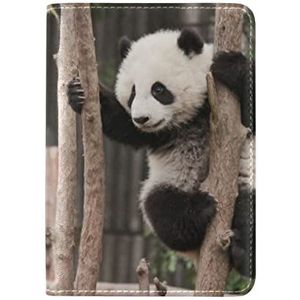 Panda Zwart Wit Leuke Hout USA Paspoort Houder Echt Lederen Beschermhoes Voor Reizen Mannen Vrouwen, Foto, M