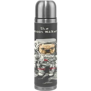 Moon Astronaut Pug Dog Thermos Sport Water Fles Potten Roestvrij Staal Geïsoleerde Vacuümfles Leer Verpakt (500 ML)