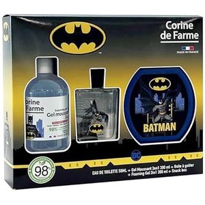 Corine de Farme - Batman-set met eau de toilette 50 ml, schuimbad 300 ml en broodtrommel - cadeau voor jongens - geur voor kinderen met bloemenmuskusgeur - 3-in-1 fruitige gel