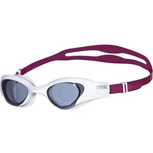 arena The One zwembril voor dames, anti-condens, met brede glazen, UV-bescherming, zelfverstelbare neusbruggen, orbitbescherming, wit (smoke-white-purple), Eén maat