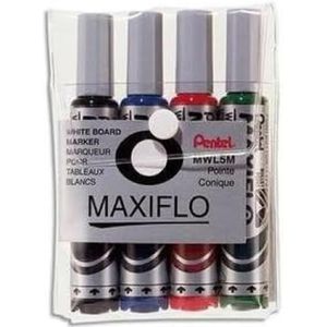 Pentel Maxiflo Pack van 4 Whiteboard Bullet Marker Brede Tip-Zwart, Blauw, Groen, Rood