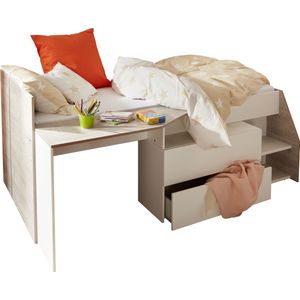 Kinderbed met bureau en opbergruimte - 90 x 190/200 cm - Wit en naturel - GISELE