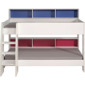 Leo - Stapelbed - Wit/Blauw/Roze - Spaanplaat - Inclusief Opberglade