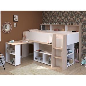 Combinatiebed – 90 x 200 cm – Met bureau en opbergruimte – Wit en houtlook – APOLINO