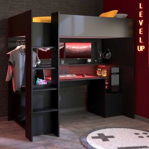 Home affaire Hoogslaper Meddox, TOPSELLER! OTTOs keuze, gamerbed, LED, bureau Kledingstang, veel opbergruimte, ideaal voor kleine ruimtes, ALL-IN-ONE bed