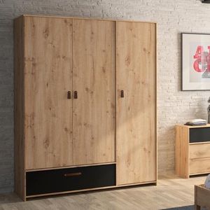 Arthus - 3-Deurs Kledingkast - Eikenkleur - Matzwarte Details - Leren Handgrepen