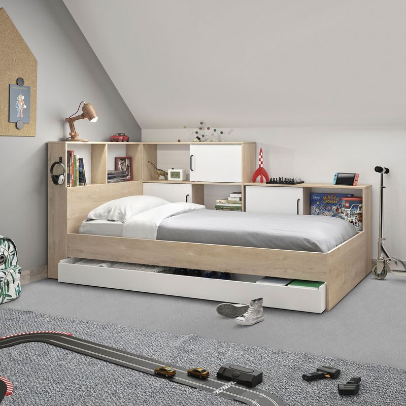 Gautier Diagone Tienerbed Erwan met opbergruimte en laden - 90 x 200 cm - Kleur: wit en eik