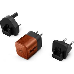 Energizer Ultimate – Multiplug EU/UK/US GaN USB-C 20 W PD-Wandladegerät (Walnuss-Wurzelholz)