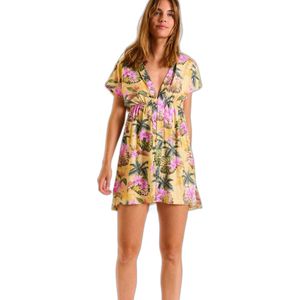 Banana Moon - Korte Jurk - V-hals - Palmbladeren en Bloemenprint - Lichtgeel - 80% Polyamide 20% Elastaan
