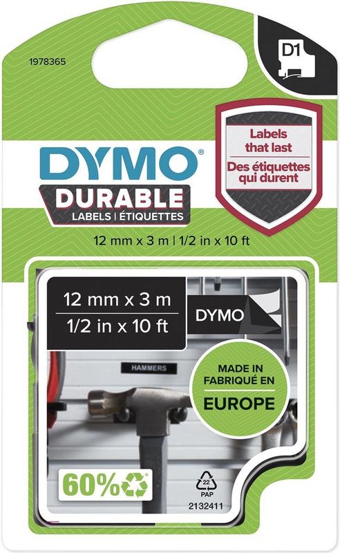 DYMO - D1 Duurzame Labels - Wit op Zwart - 12 mm x 3 m - Voor LabelManager
