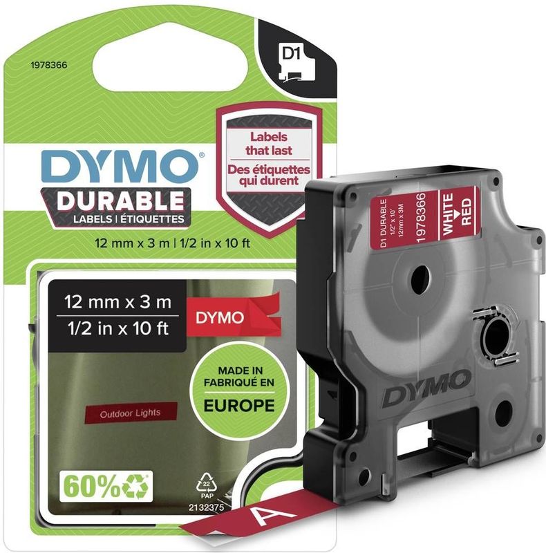 DYMO - D1 - Duurzame Labels - Rood - 12 mm x 3 m - Zelfklevend, Waterbestendig, Compatibel met LabelManager