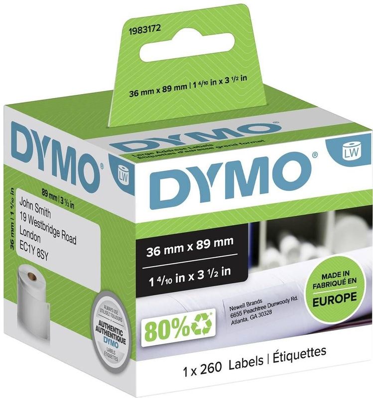 DYMO originele grote LabelWriter adreslabels | 36 mm x 89 mm | Rol van 260 stuks | Zwarte afdruk op wit | voor LabelWriter labelmakers