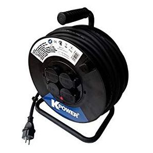Kpower 699025 Kabelhaspel, rubber 25 m, 4 stopcontacten met klapdeksel, thermische beveiliging, 3 Gx2.5 H07RNF IP44, zwart