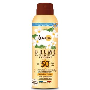 LOVEA - Zonnespray SPF 50 – hoge bescherming en bruining voor gezicht en lichaam – bruiningsactivator – Monoï de Tahiti – UVA/UVB-bescherming – onzichtbare afwerking – veganistisch – gemaakt in