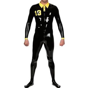 Zwart En Geel Sexy Latex Catsuit Met Voeten Voor Kruis Naar Terug Rits Pak Rubber Bodysuit Zentai Overall-XXL