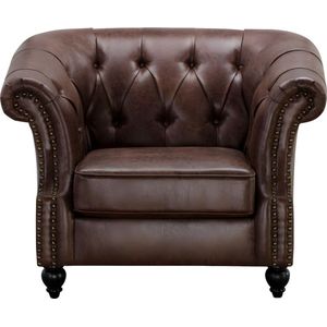 Chesterfield fauteuil AQUITAINE van microvezel effect lived-in leer - Bruin L 112 cm x H 82 cm x D 95 cm