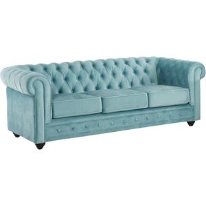 Driezitsbank CHESTERFIELD - fluweel - pastel blauw L 205 cm x H 72 cm x D 88 cm