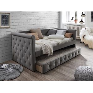 Bed met slaaplade LOUISE - 2 x 90 x 190 cm - Grijze stof L 219 cm x H 95.2 cm x D 98.5 cm